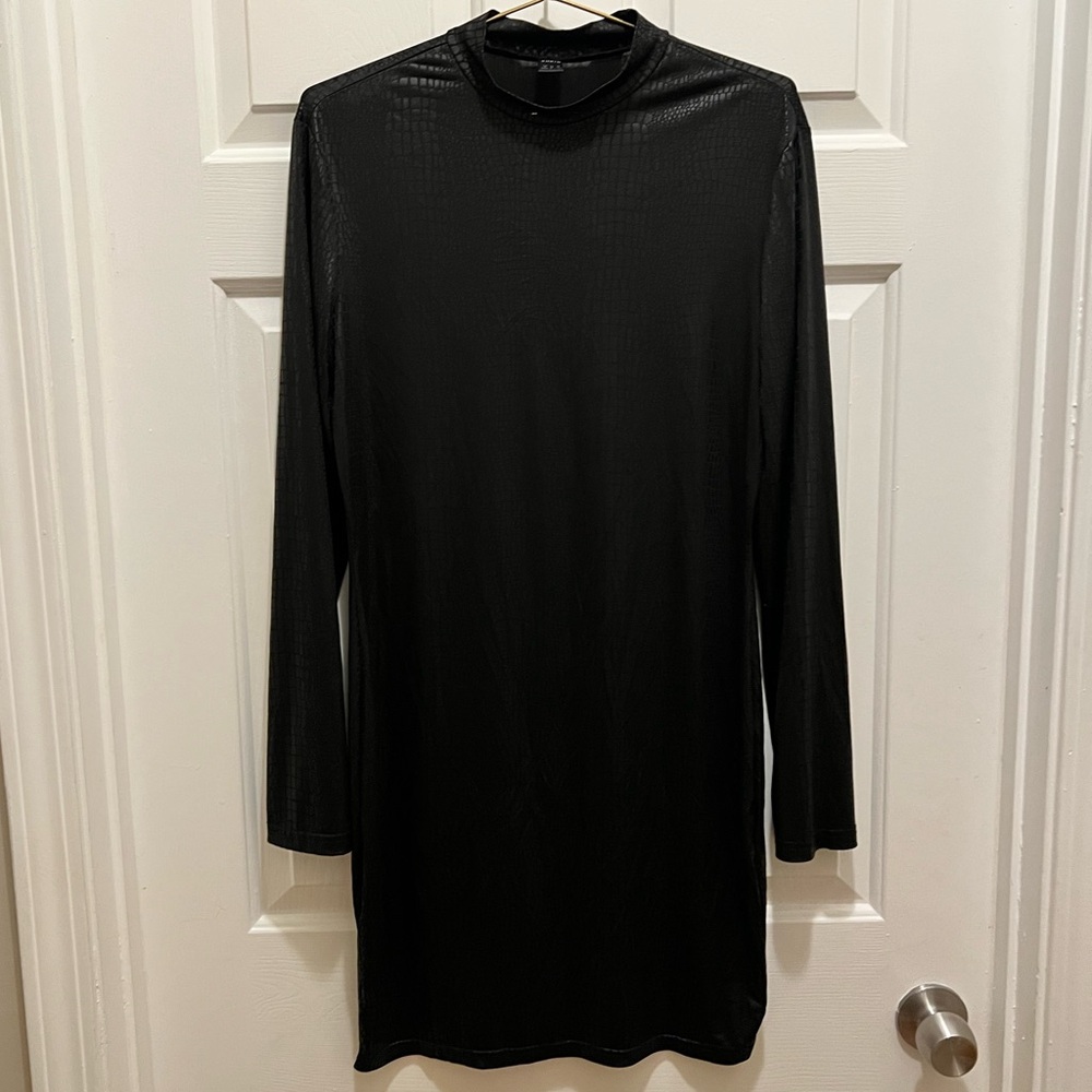 SHEIN Black Long-Sleeve Animal Print Mini Dress with Mock Neck | Size XL